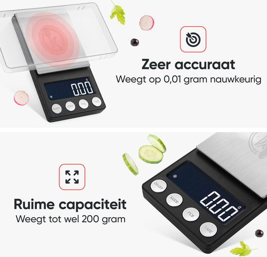 Kitchenwell digitale mini precisie keukenweegschaal - 0,01 tot 200 gram - 14.2 x 7.5 cm - pocket scale USB oplaadbaar - weegschaal keuken - zwart