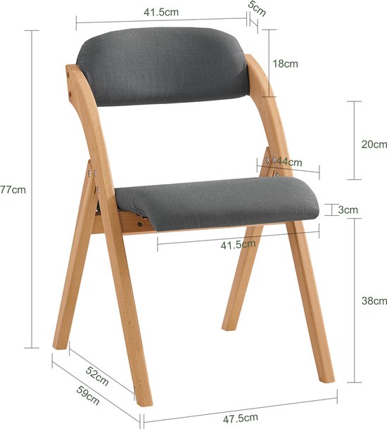 SoBuy Set van 2 Klapstoel, Bureaustoel met Gestoffeerd Zitkussen, Eetkamerstoel, Natuur/Donkergrijs, 47.5x77x59 cm, FST92-SGx2 - voor eetkamer, balkon of kantoor