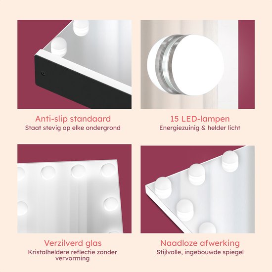 Fraay® Hollywood Spiegel met Verlichting 60x50cm - 3 Lichtstanden - Luxe Make Up Spiegel met 10x Vergrootspiegel - LED Verlichting Dimbaar - Incl. 2 Beauty Blenders en Powder puff
