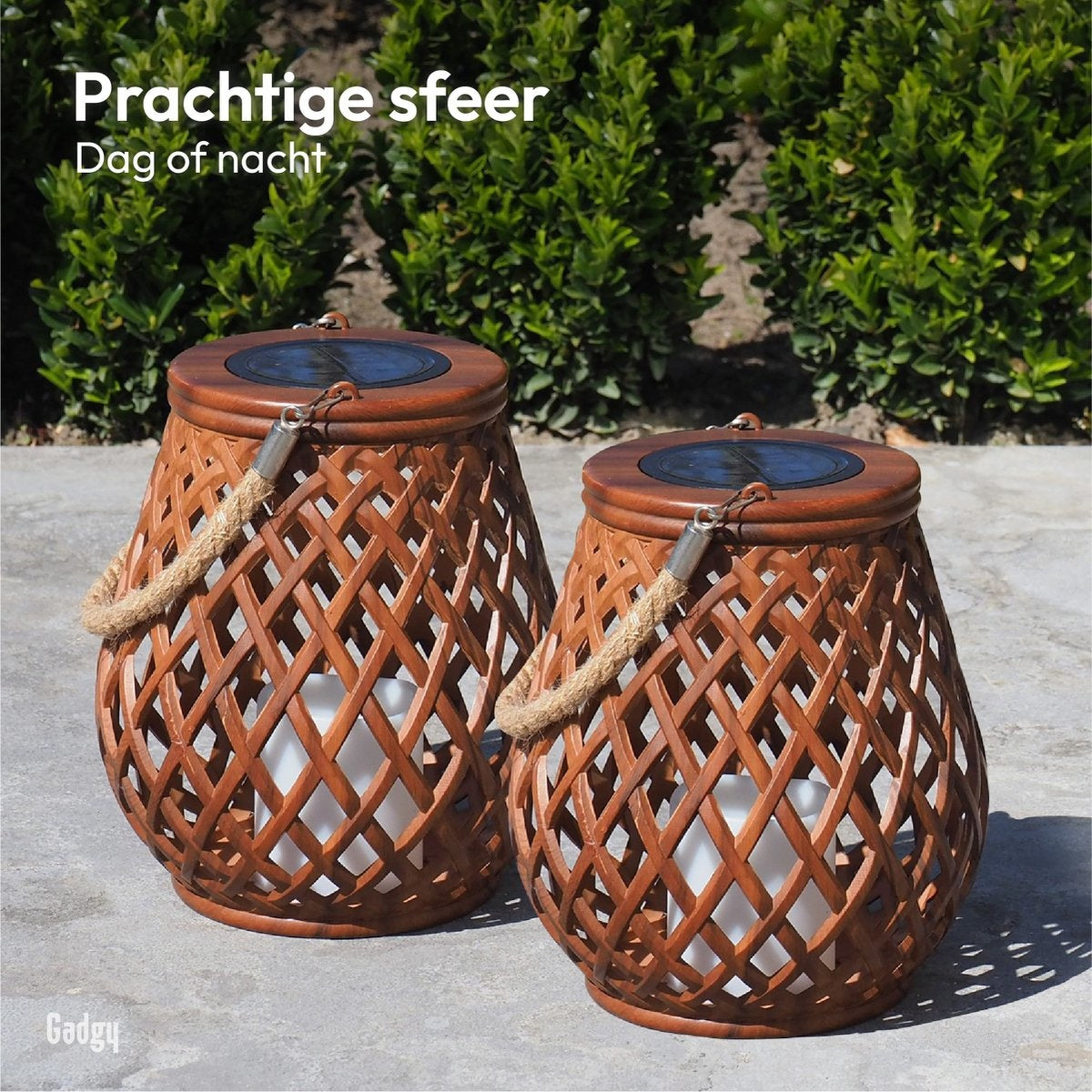 Gadgy Solar Lantaarn Basket - Tuinlantaarn set van 2 - Tafellamp voor Binnen en Buiten - Solar Tuinverlichting op Zonneenergie - Led Buitenverlichting met dag/nacht Sensor - Hanglamp - 21CM Hoog