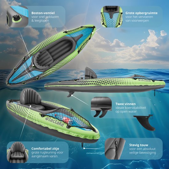 tectake® - Opblaasbare Kajak - Opblaasbare Kano voor 1 persoon met dubbele peddel en accessoires - Zitje, pomp, transporttas - Watersport - Roeiboot