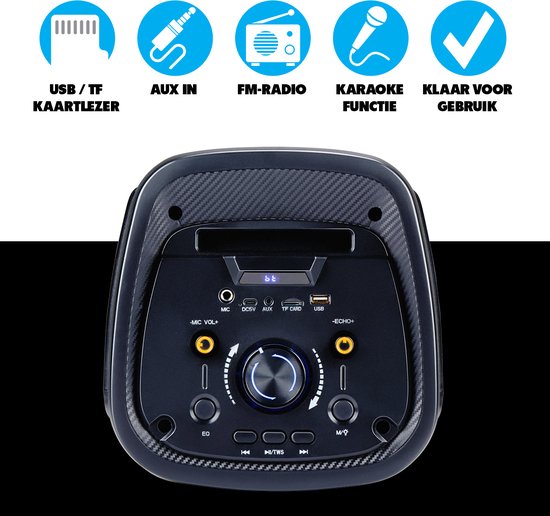 Bluetooth Speaker met Microfoon - Partybox met Sfeerverlichting - Muziek Box en Karaoke Set - Party Speaker met Bluetooth, Aux en USB Ingangen - Makkelijk te Verplaatsen met Handvat - Zwart
