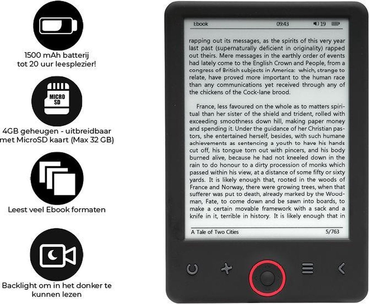 Denver E Reader 6 inch - Display Verlichting - E book Reader - E Ink - Ondersteuning tot 32GB - EBO635L - Zwart