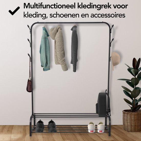 Brixy Kledingrek - Garderoberek - 102x34x152cm - Kledingrek Met Schoenenrek - Industrieel - Metaal - Zwart