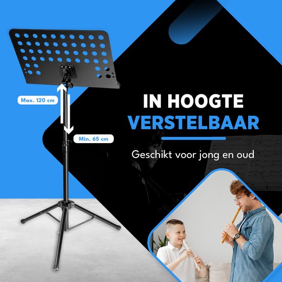 Finesse Muziekstandaard voor Bladmuziek met Telefoonhouder - XL - Opvouwbaar - met Draagtas - voor Tablet - Zwart