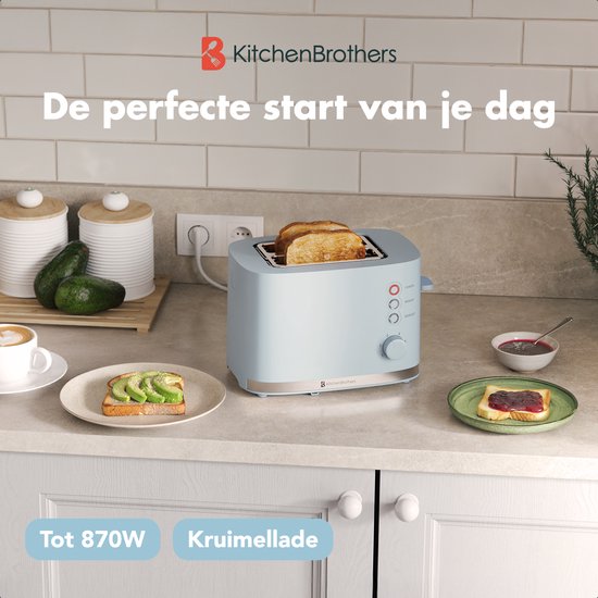 KitchenBrothers Broodrooster - Toaster - 6 Instelbare Warmteniveaus - 2 Extra Brede Sleuven - 870W - Pastel Blauw