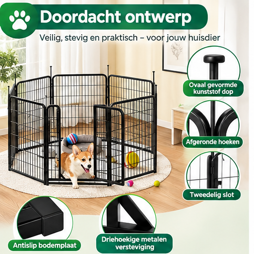 Yaheetech Puppyren 8-Delig - Zwart - 194,5 x 66 x 80 cm - Opvouwbaar met Snelsluiting