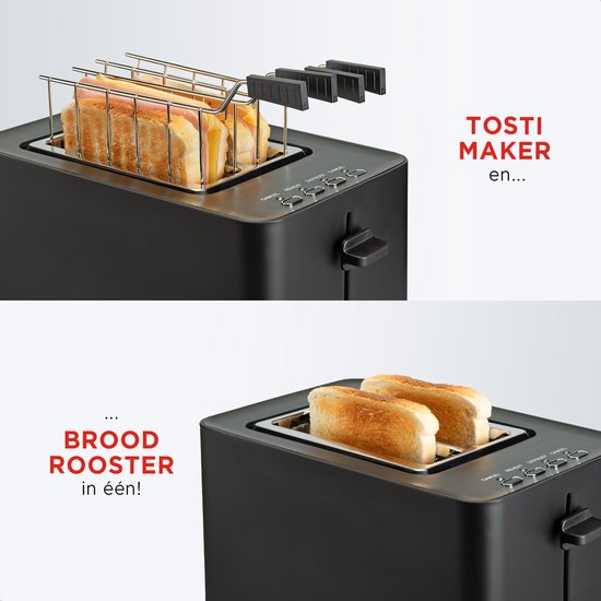 Bourgini Tosti Toaster - Broodrooster met Tostiklemmen - Zwart- Extra brede sleuf geschikt voor 2 tosti's - Instelbare bruiningsstand en ontdooifunctie