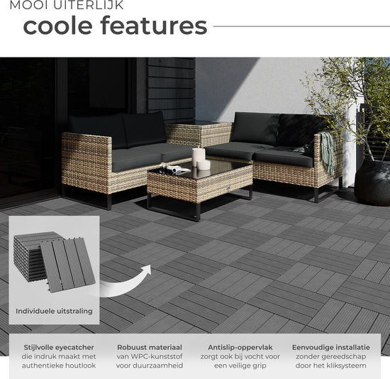 tectake® WPC houten tegels - Houtlook tegels - Weerbestendig - Vloerbedekking voor buiten - Vloertegels - Balkonvloer - Terrastegels met kliksysteem - Afvoer - Set van 11 - Grijs