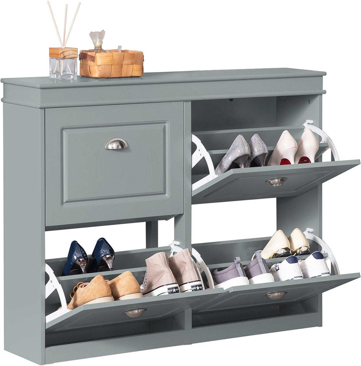 SoBuy FSR79-HG Schoenenkast met 4 Kleppen – Schoenenmeubel met 8 Planken – Ruimtebesparend Schoenenrek voor Hal – Grijs MDF – 105x83x24cm
