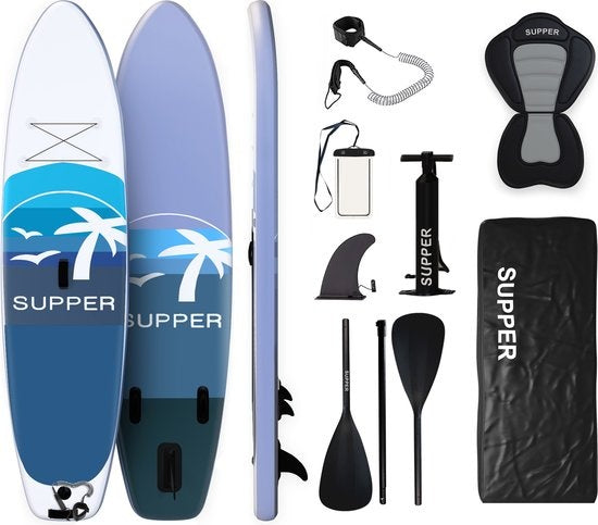 Supper Sup Board XL - Max. 180KG - Opblaasbaar – Verstelbare Peddel – Waterdicht Telefoonhoesje – Zitje – Pomp – Vin – Leash – Draagtas – 335 x 81 cm
