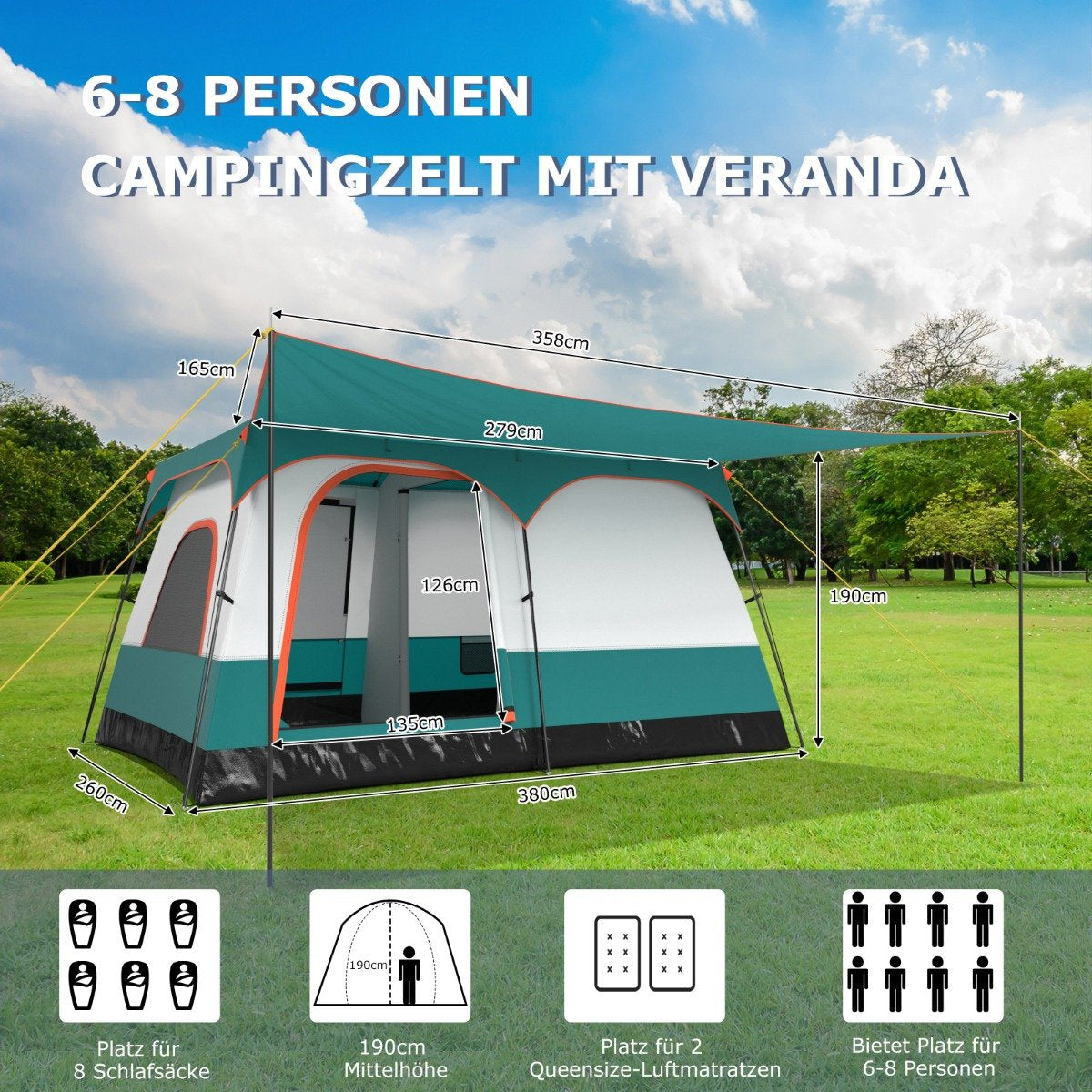 Coast Familietent met Luifel - 2 Kamers - 2 Ingangen - 380 x 260 x 190 cm - Groen