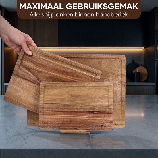 Villux Snijplank - Snijplankenset Met Houder - Snijplank Hout - Snijplanken - Snijplank Acacia- Houten Snijplank - Snijplankenset - Tapasplank - Borrelplank - Serveerplank - Hapjesplank - Inclusief eBook - 3 Stuks - Acacia