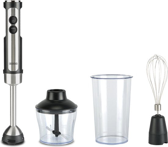 Bourgini Staafmixer - 4-delige Krachtige RVS Staafmixer set -20 snelheden - Garde - Hakmolen 600ml - Maatbeker 800ml - 1500W