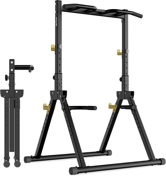 DH FitLife Opvouwbare Power Tower Dip Station | Vrijstaande optrekstang tot 150 kg met dipbars en haltersteunen | Krachtstation Krachttoren | Fitnessstation