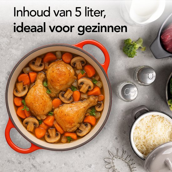 Aviro Gietijzeren Braadpan - Ø26CM - 5L - Alle Warmtebronnen Incl. Inductie - Stoofpot - PFAS-vrij - Met Deksel - Rood