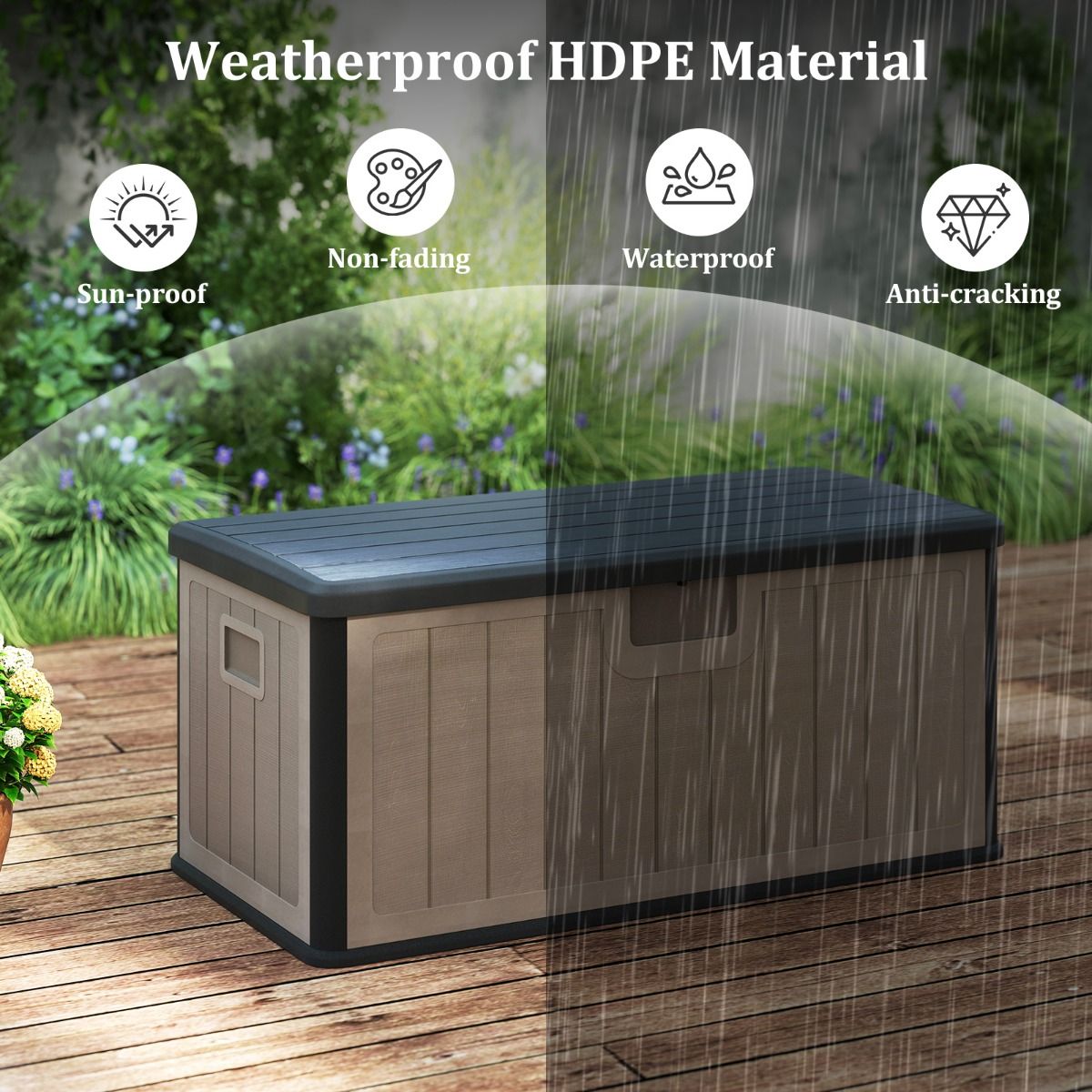 Coast Tuinbox - Kussenbox 378 liter - Waterdicht - Met afsluitbaar deksel - Zwart en bruin