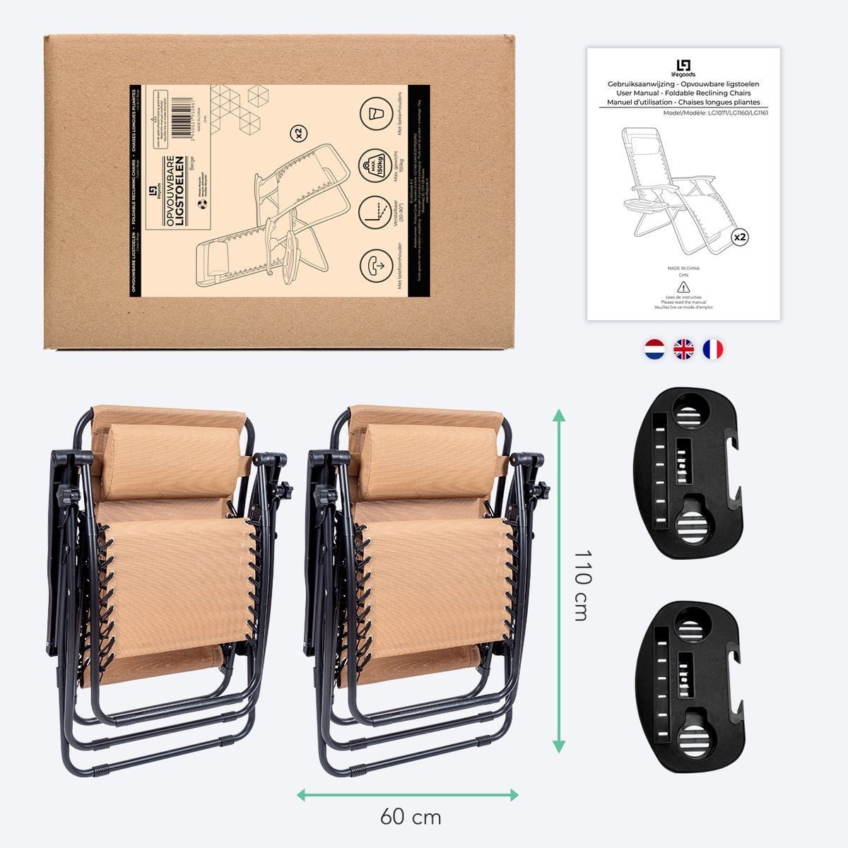 LifeGoods Opvouwbare Tuinstoelen - 2 Stuks - 30°-90° Verstelbaar - Metaal - Beige