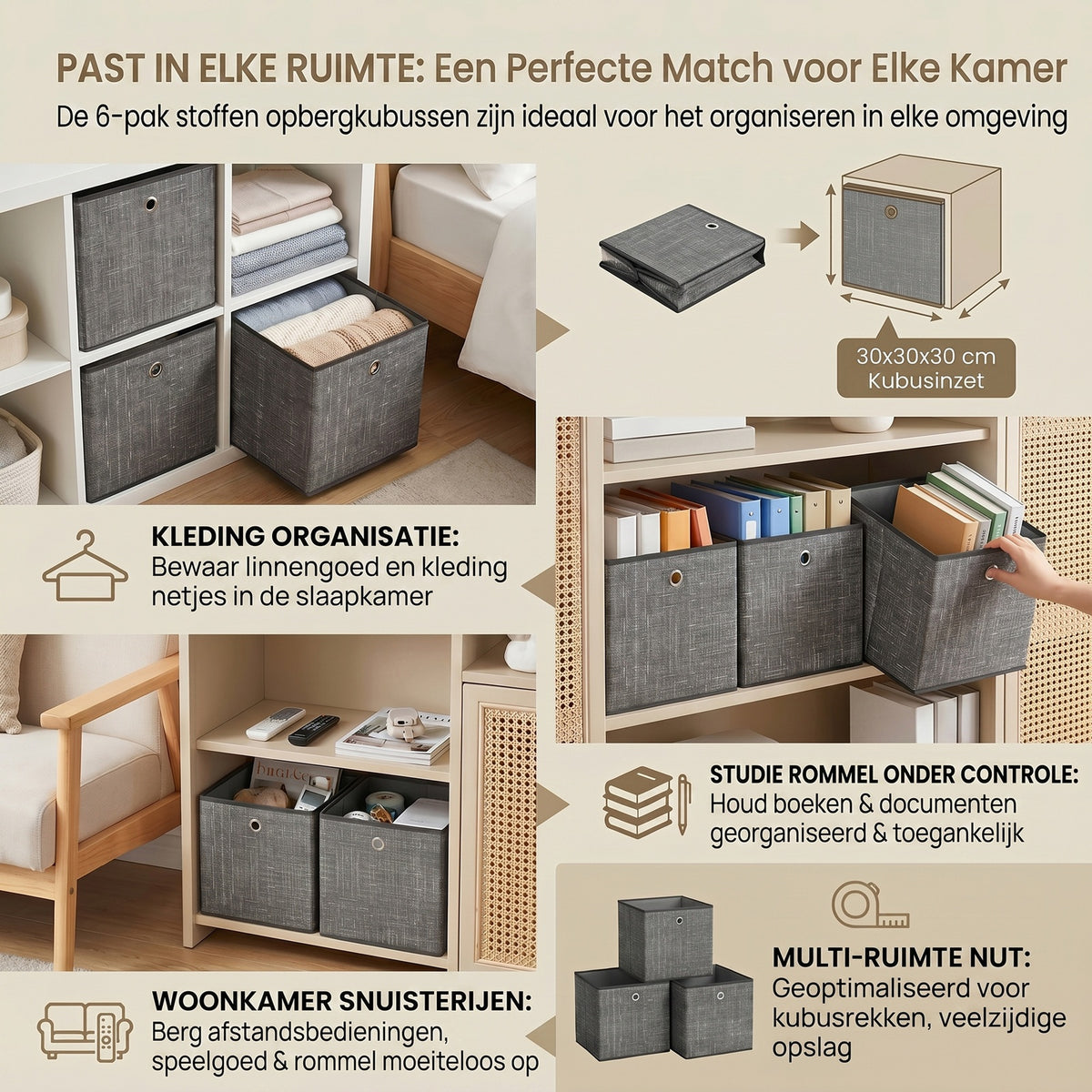 JOYFURNOS kubusopbergers, opvouwbare stoffen opbergboxen met handgrepen, set van 6, voor planken, kleding, zwart