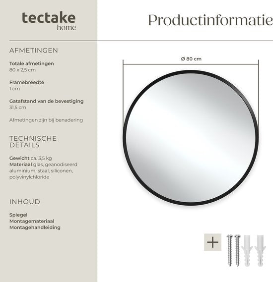 tectake® - Wandspiegel rond Fiona - Badkamerspiegel - Spiegel rond met stevig aluminium frame - Spiegel voor de badkamer, woonkamer of slaapkamer - Diameter van 80 cm