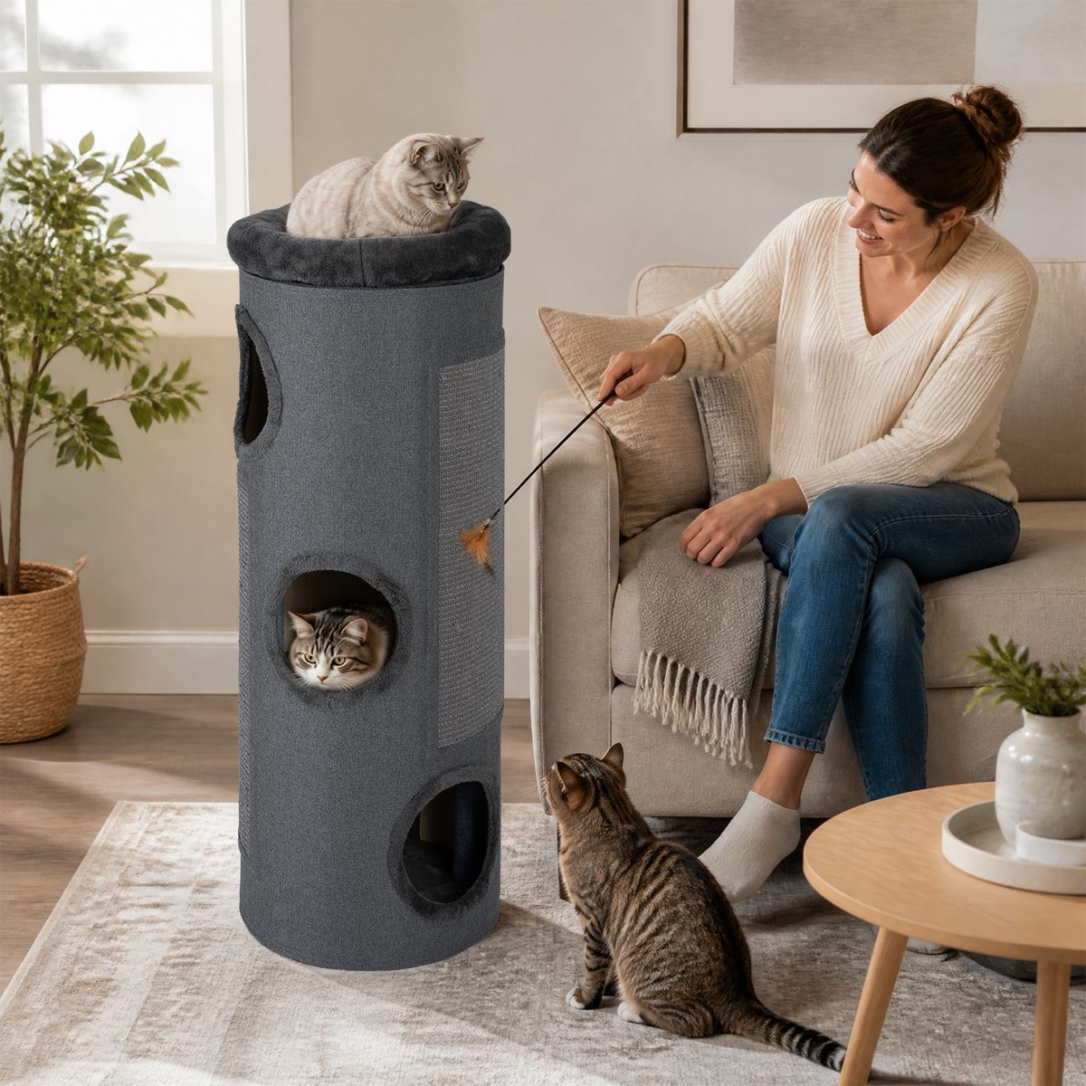 Coast Vierlaags Kattenhuis - tonvormig kattenmeubel - met sisal krabplank en pluchen bed - donkergrijs 43 x 43 x 113 cm