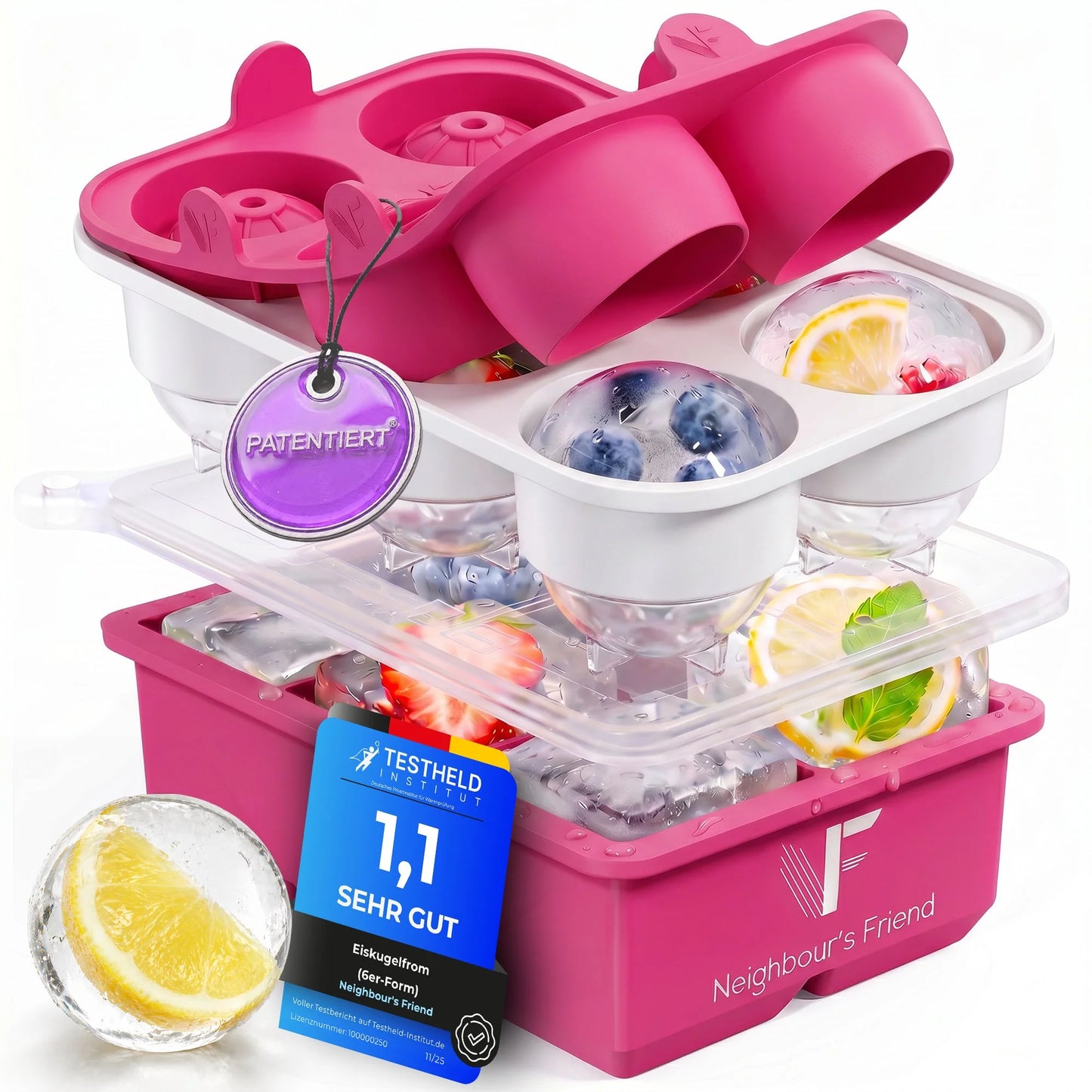 Neighbour's Friend Patenteerde Eiskugelform XXL Roze 2er Set – Grote Ronde Ijsblokjesvorm Platina Siliconen
