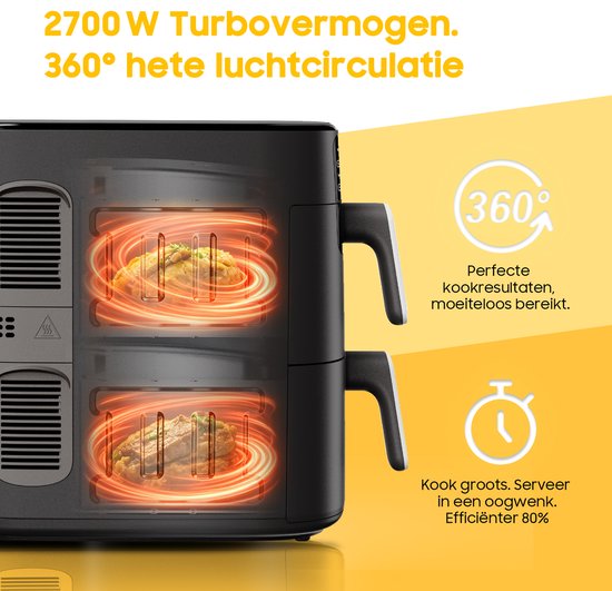 Airfryer met dubbele laag - 2700W Krachtig Vetvrij Frituren - 10L Heteluchtfriteuse met dubbele lade en verticale constructie bespaart 50% ruimte - 6 programma's - Grote capaciteit voor thuisgebruik - Inclusief Receptenboek