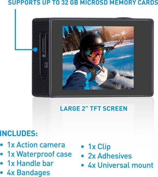 Grundig - Action Camera HD720P - Onderwatercamera - Waterdicht tot 30M - 2"LCD Scherm - Incl. Verschillende Accessoires - Bewegingsdetectie - Zwart