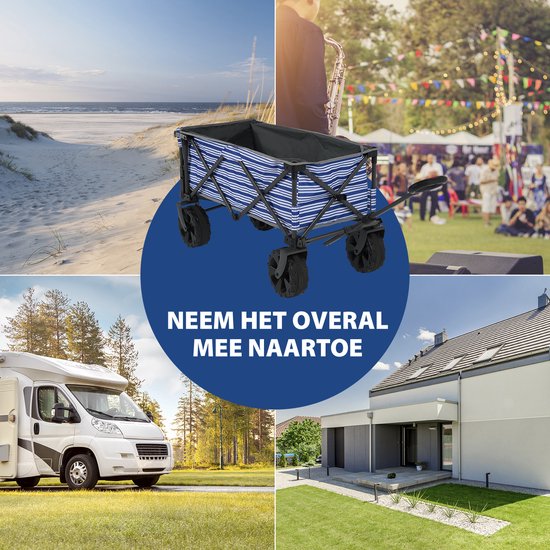 Tristar Bolderkar met laadklep 70kg draagvermogen - 94x49x58 cm - Opvouwbare Bolderwagen strand, festival, camping, tuin, dagje uit - Stevig Harmonicaframe - Beach Trolley, Strandkar, Transportkar, Trekwagen - Inclusief Opbergtas - HC-0422 - Blauw