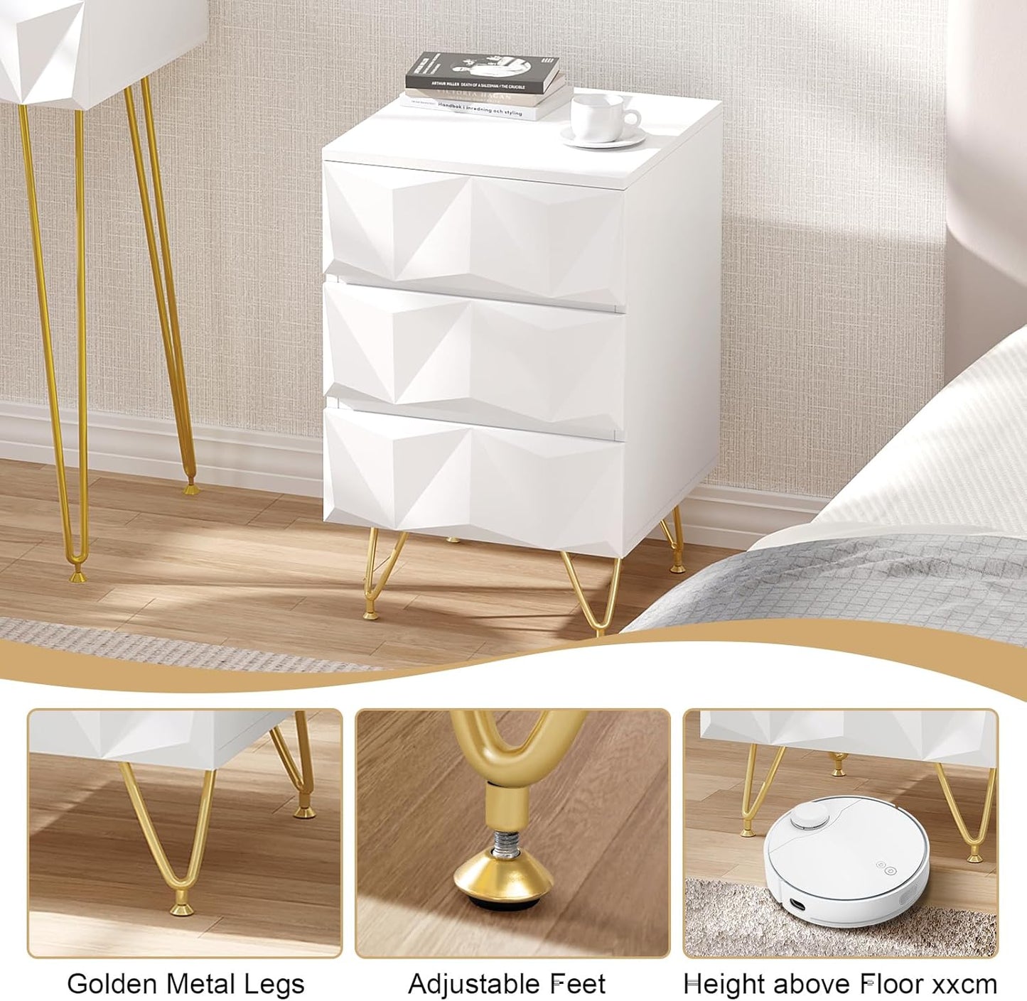 Eugad Nachtkastje met 3 Lades – 40x40x62,5 cm – Wit met Goud – Modern 3D Design