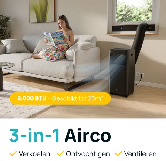 MOA Mobiele Airco - 9.000 BTU - 3-in-1 - Met Afstandbediening - Tot 30m² - Airconditioner met Ontvochtigingsfunctie - Raamafdichtingskit - Zwart