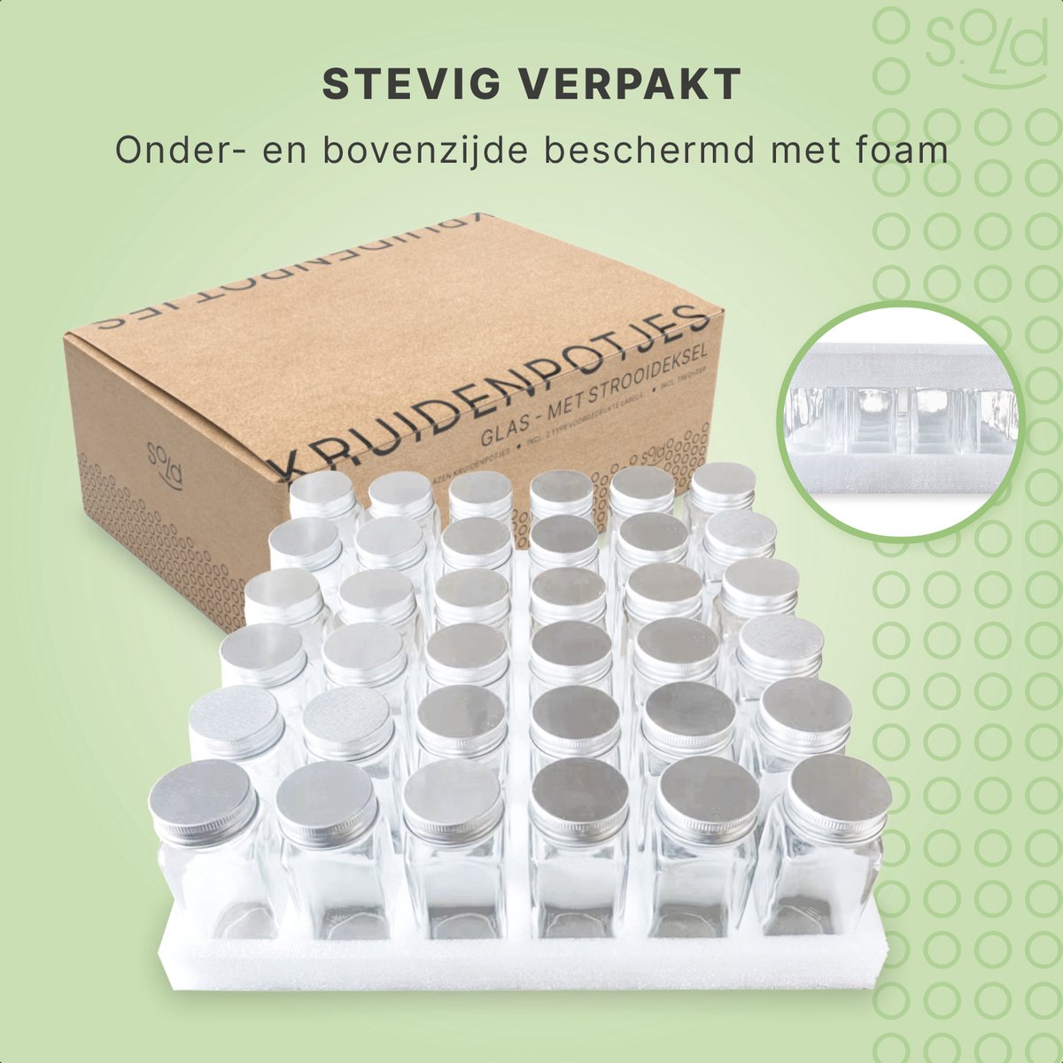 S.old - 36 Vierkante Glazen Kruidenpotjes met Metalen Deksel - Kruidenstrooier - Complete Set met Strooideksels - Voorbedrukte Stickers en Trechter - Inhoud 120 ml - 10,5 x 4,3 cm - Glas