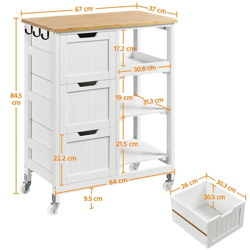 Yaheetech Keukentrolley op Wielen – Wit/Bamboe – 67 x 37 x 84,5 cm – Met 3 Lades en 3 Planken