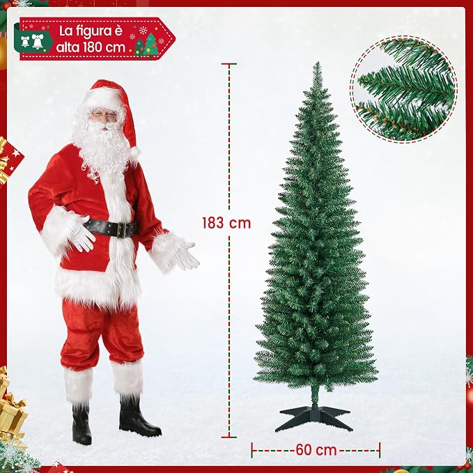 Yaheetech Kunstkerstboom Slank 183 cm - Groen - 390 Tips met Standaard