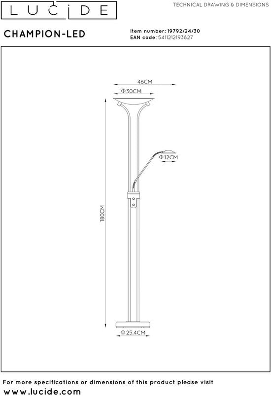 Lucide CHAMPION-LED - Leeslamp - Ø 30 cm - LED Dimbaar - 3000K - Zwart