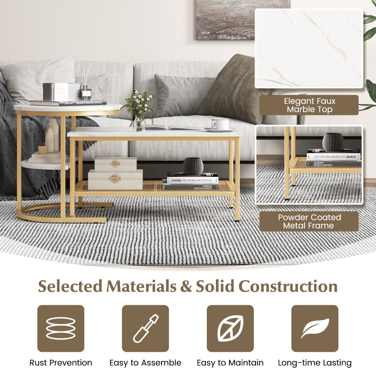 Coast Set van 2 Bijzettafels - Marmerlook tafelblad - Gouden metalen frame - Rond en rechthoekig