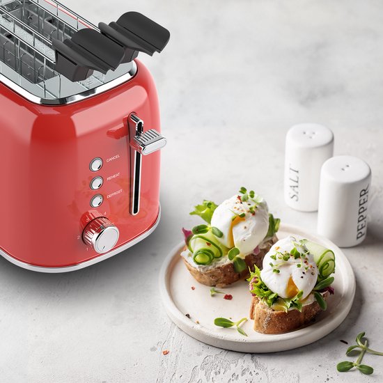 KitchenBrothers Broodrooster met Tostiklemmen - Toaster - 6 Warmteniveaus - Brede Sleuven - Broodrooster - 870W - Rood