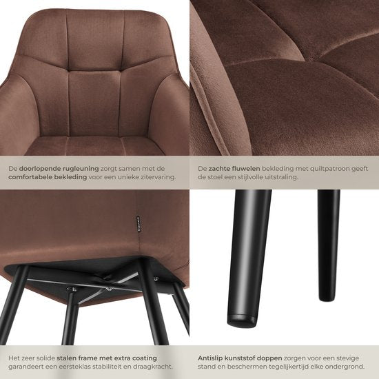tectake® Eetkamerstoel Marilyn - Gestoffeerde Stoel in Fluweellook - Stikpatroon - Zwarte Stoelpoten - Ergonomische Keukenstoel - Met Doorlopende Rugleuning en Armleuningen - Stoel voor Woonkamer, Eetkamer, Slaapkamer - Bruin