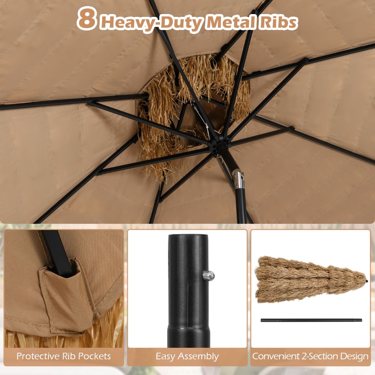 Coast 299 cm Rieten Tiki Parasol Hawaii Dubbeldeks Marktparasol – Naturel/Zwart, Ø 299 cm x 270 cm Hoog