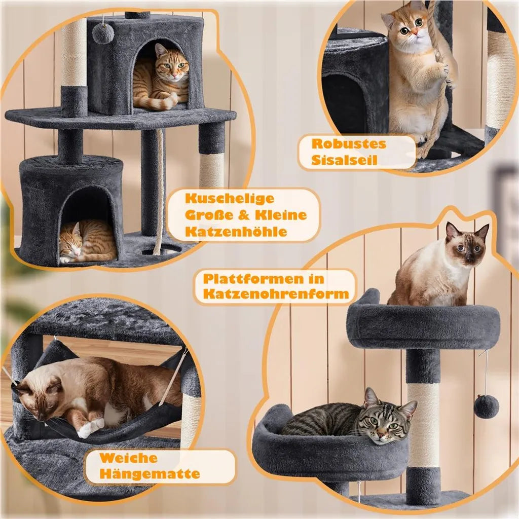 Yaheetech Krabpaal 181 cm – Donkergrijs – 60,5 x 48,5 x 181 cm – Met 2 Kattenhuizen, 2 Platforms en 5 Sisalpalen