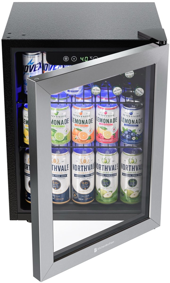 KitchenBrothers Drankkoelkast 48L - Mini Koelkast met Glazen Deur - Minibar - Ruimte voor 68 Blikjes - Zwart