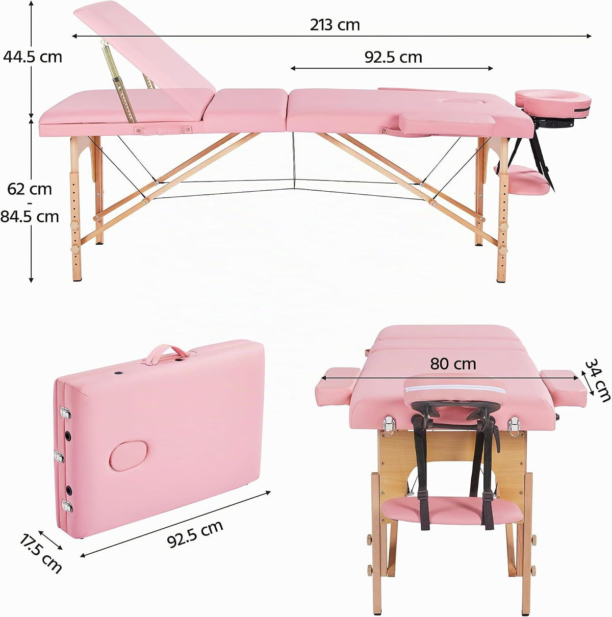 Yaheetech Massagetafel met 3 zones - Inklapbaar - 213 × 80 cm - Lichtroze