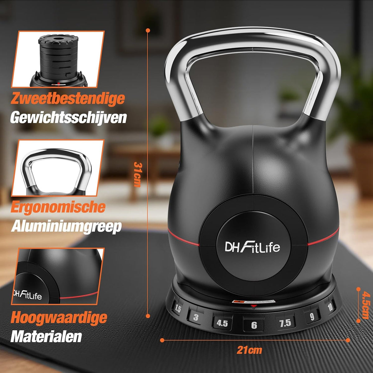 DH FitLife Verstelbare Kettlebell 7-in-1 - 1,5 tot 10 kg - 7 Gewichtsstanden - 20 x 20 x 30 cm - Zwart