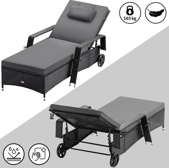 Casaria Polyrattan Ligstoel – Incl. Kussen 160 Kg - Zwart Antraciet