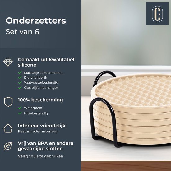 Castagnola Siliconen Onderzetters – Onderzetters voor Glazen – Design Onderzetters met Houder – Onderzettersset – Anti Slip - Set van 6 – Beige