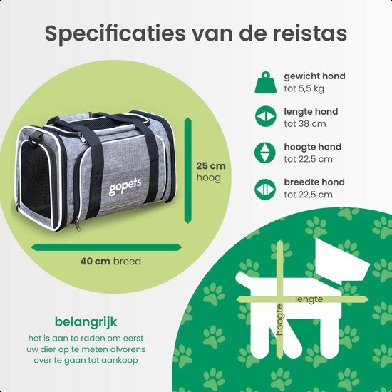 Gopets Draagtas Hond en Kat – Hondentas – Reistas – Kattentas – Geschikt Voor Vliegtuig – Tot 5,5KG – Grijs – 40 x 25 x 25 cm – M