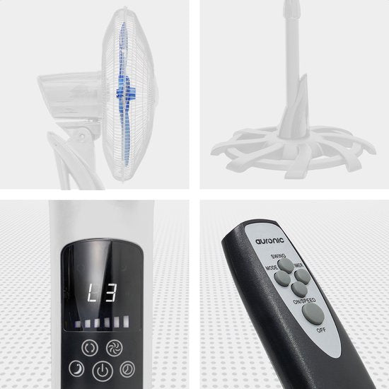 Auronic Statiefventilator - Staande Ventilator met Afstandsbediening - Hoogte Verstelbaar - Roterend - Slaapmodus - Stille Ventilator - Wit