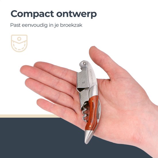 Castagnola Kurkentrekker - Kelnermes - Wijnopener - Wijn opener - Flesopener - Hefboom - Deluxe - Pakka Hout en RVS