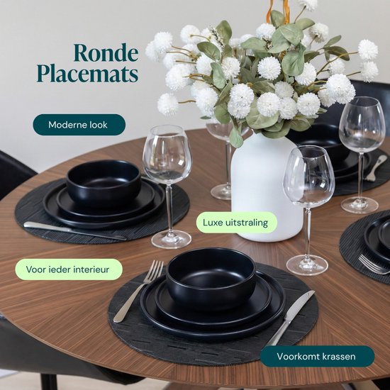 Castagnola Placemats - Placemat van Kunststof - Onderlegger - Onderzetter - Placemats Plastic en PVC - 6 Stuks - Diameter 37cm - Zwart