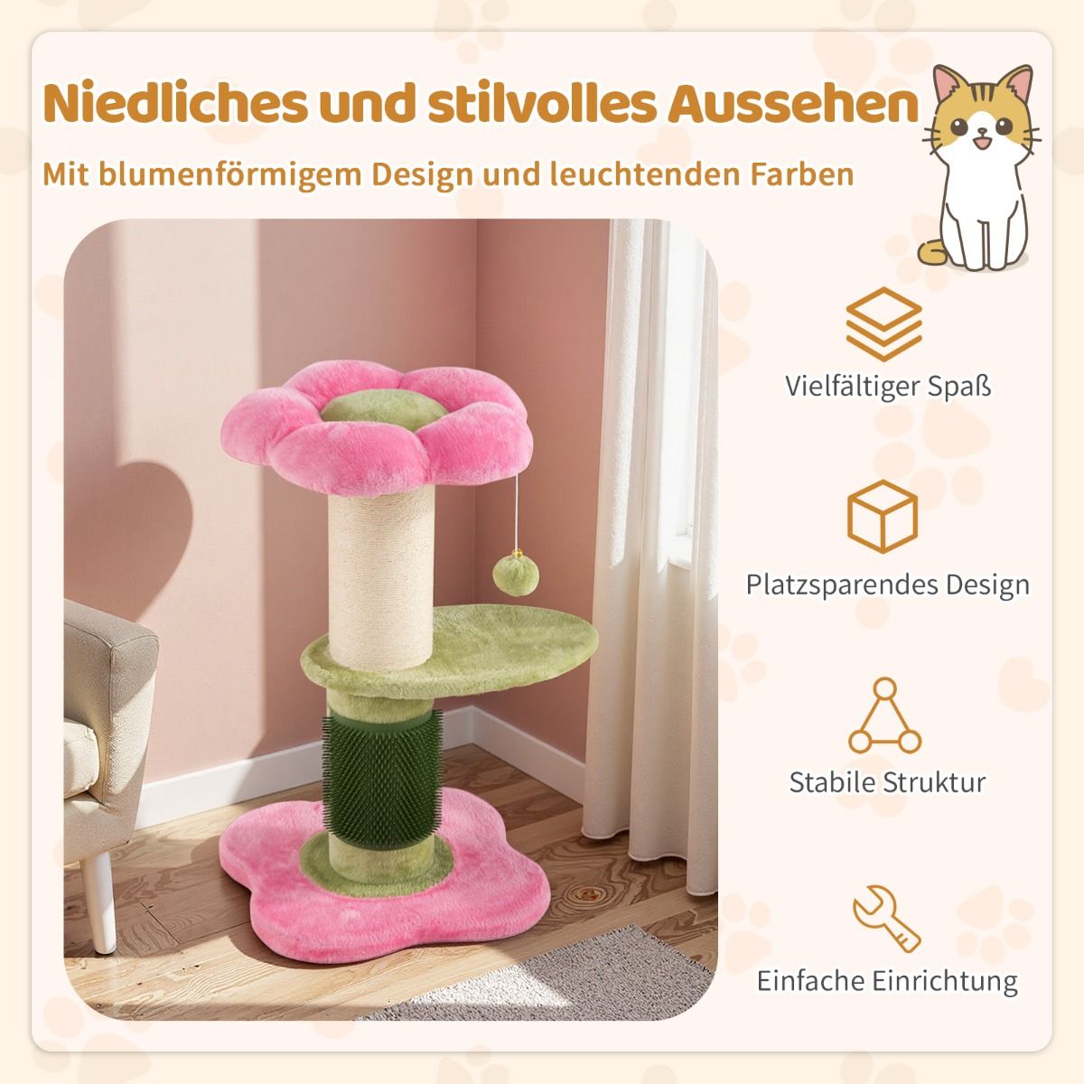Coast Krabpaal voor katten - 3 verdiepingen - met pluche ligplek en bloemenplatforms - roze - 69 cm